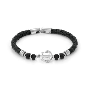 ATLANTE STAINLESS STEEL ECO LEATHER BRACELET 027507/063 ANCHOR BLACK AGATE