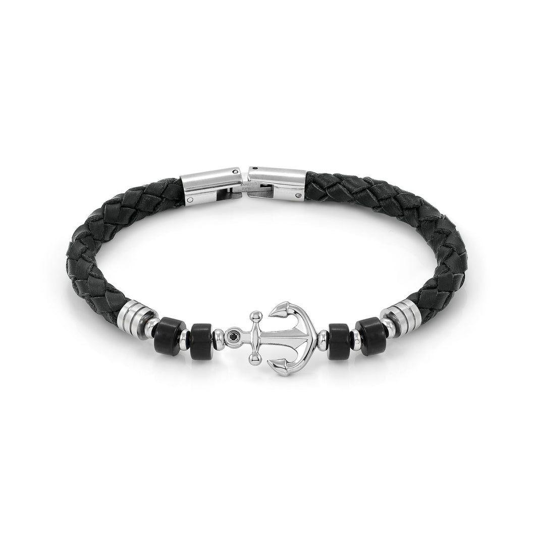ATLANTE STAINLESS STEEL ECO LEATHER BRACELET 027507/063 ANCHOR BLACK AGATE