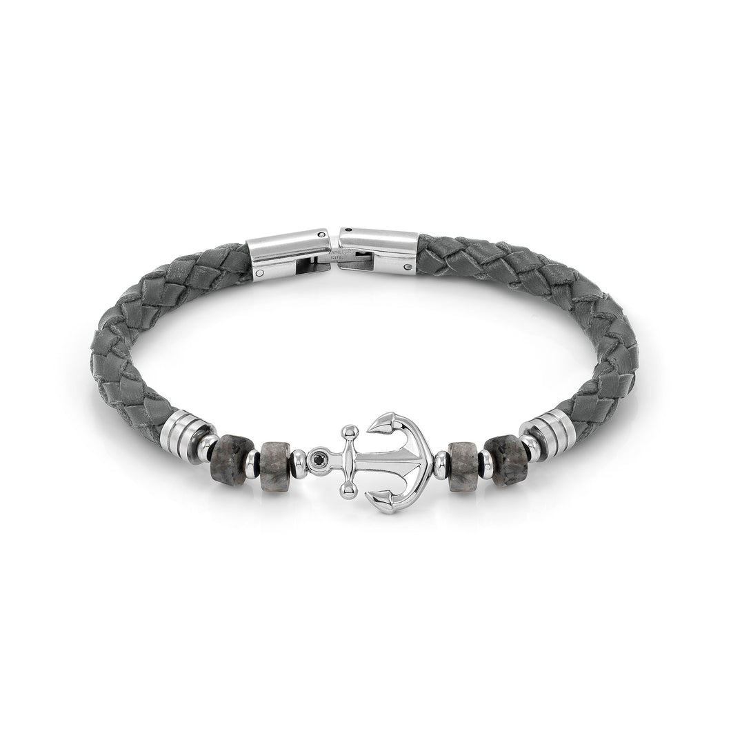 ATLANTE STAINLESS STEEL ECO LEATHER BRACELET 027507/064 ANCHOR GREY JASPER