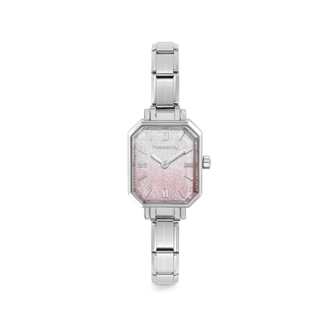 WATCH PARIS 076037/034 STAINLESS STEEL RECTANGLE & PINK FADE GLITTER DIAL