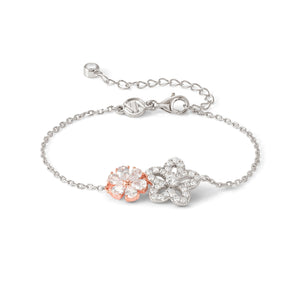 SWEETMADAME SILVER & ROSE GOLD BRACELET 242006/011 TWIN FLOWERS WHITE CZ