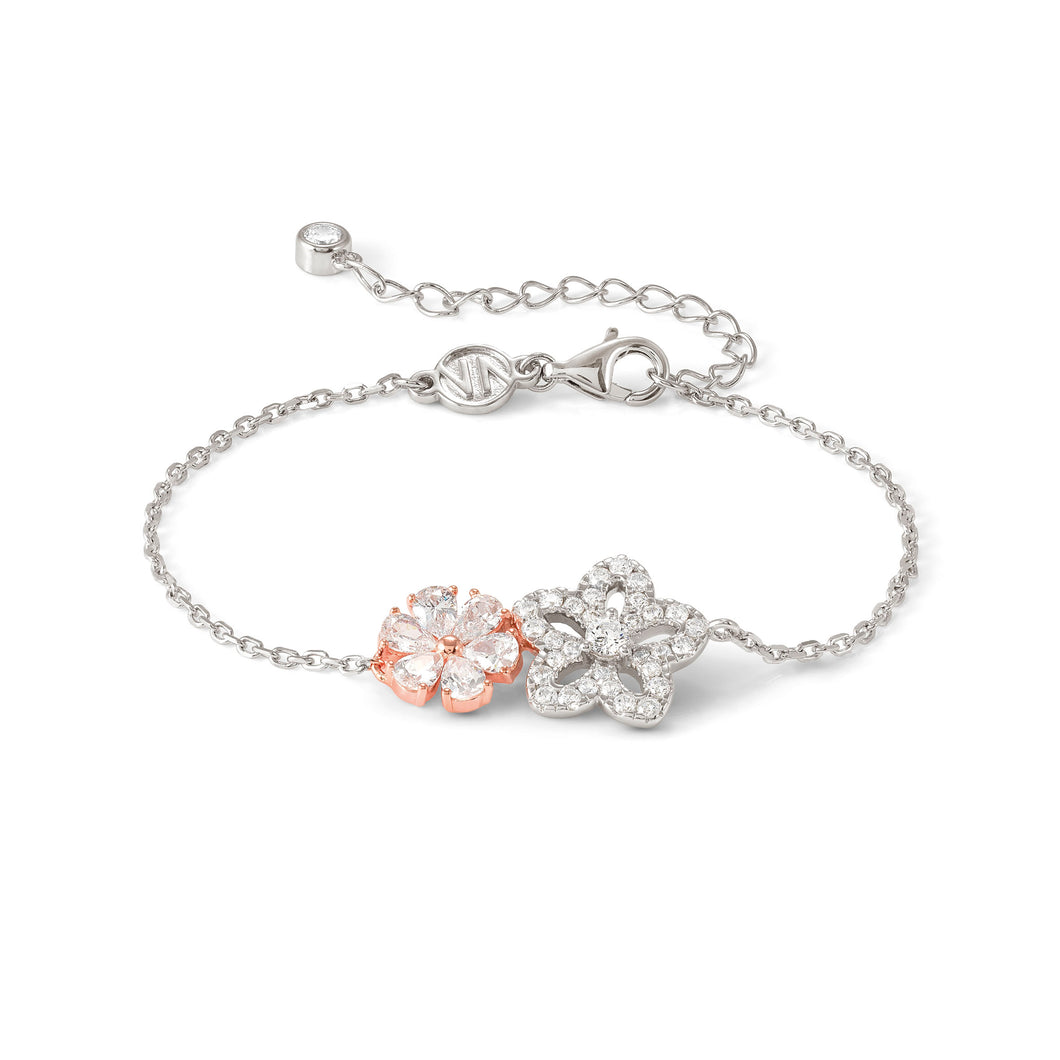 SWEETMADAME SILVER & ROSE GOLD BRACELET 242006/011 TWIN FLOWERS WHITE CZ