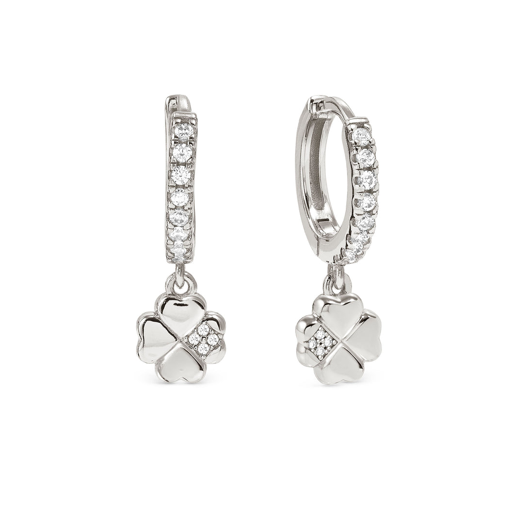 PETIT SPARKLE EARRINGS 242305/001 STERLING SILVER FOUR LEAF CLOVER CZ HOOPS