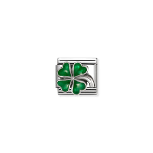 COMPOSABLE CLASSIC LINK 330204/42 GREEN FOUR LEAF CLOVER IN SILVER AND ENAMEL