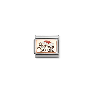 COMPOSABLE CLASSIC LINK 430204/07 PUPPY WITH SANTA HAT & GIFT IN 9K ROSE GOLD