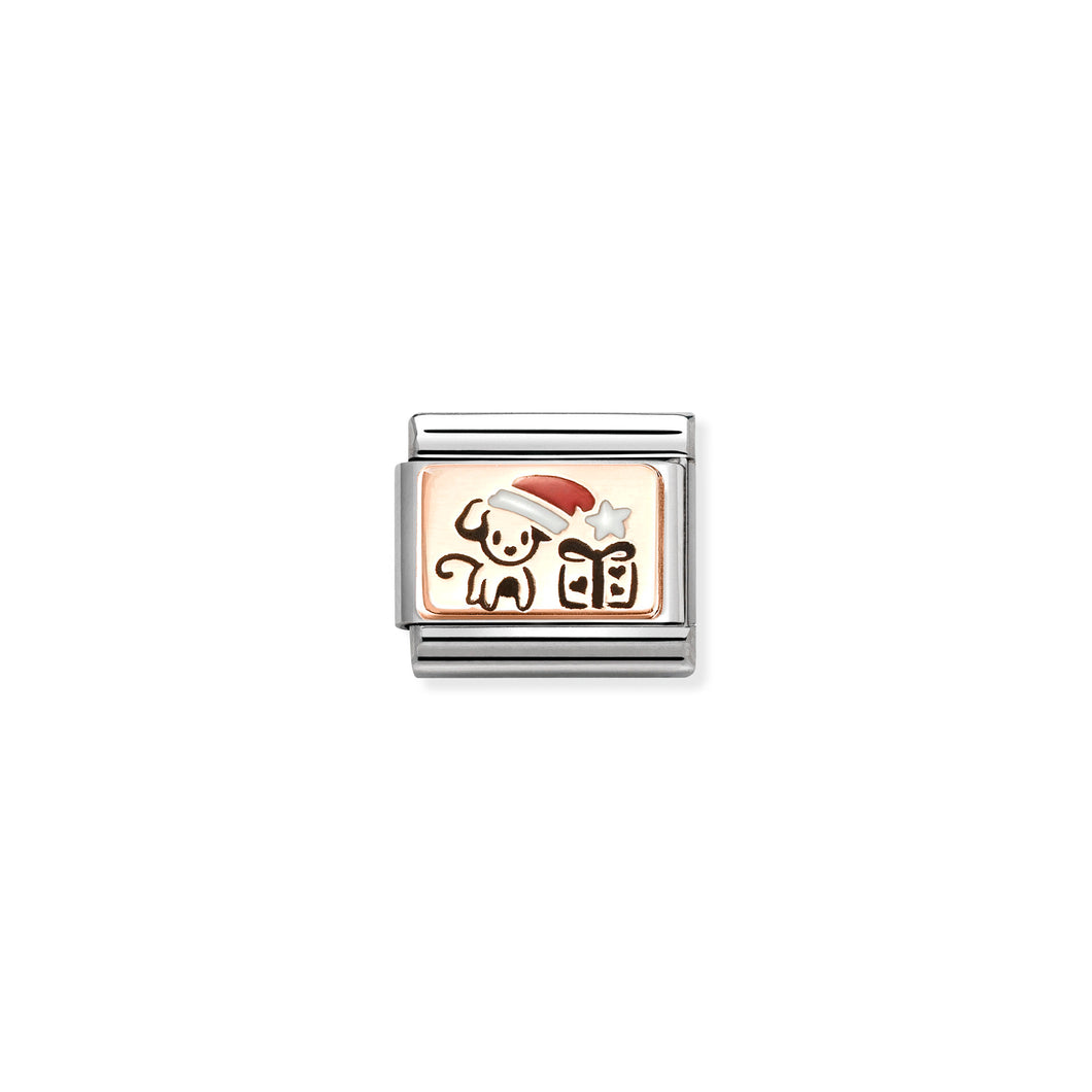 COMPOSABLE CLASSIC LINK 430204/07 PUPPY WITH SANTA HAT & GIFT IN 9K ROSE GOLD