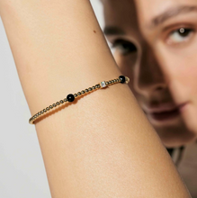 Load image into Gallery viewer, SIREN DREAM OPEN BANGLE 243308/002 GOLD, BLACK AGATE &amp; WHITE CZ
