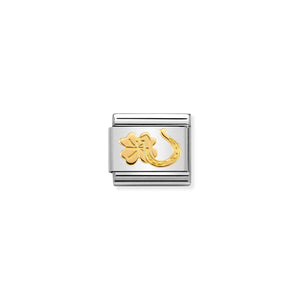 COMPOSABLE CLASSIC LINK 030149/34 HORSESHOE AND FOUR LEAF CLOVER IN 18K GOLD