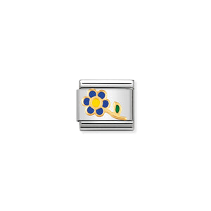 COMPOSABLE CLASSIC LINK 030214/06 BLUE FLOWER WITH STEM IN 18K GOLD AND ENAMEL