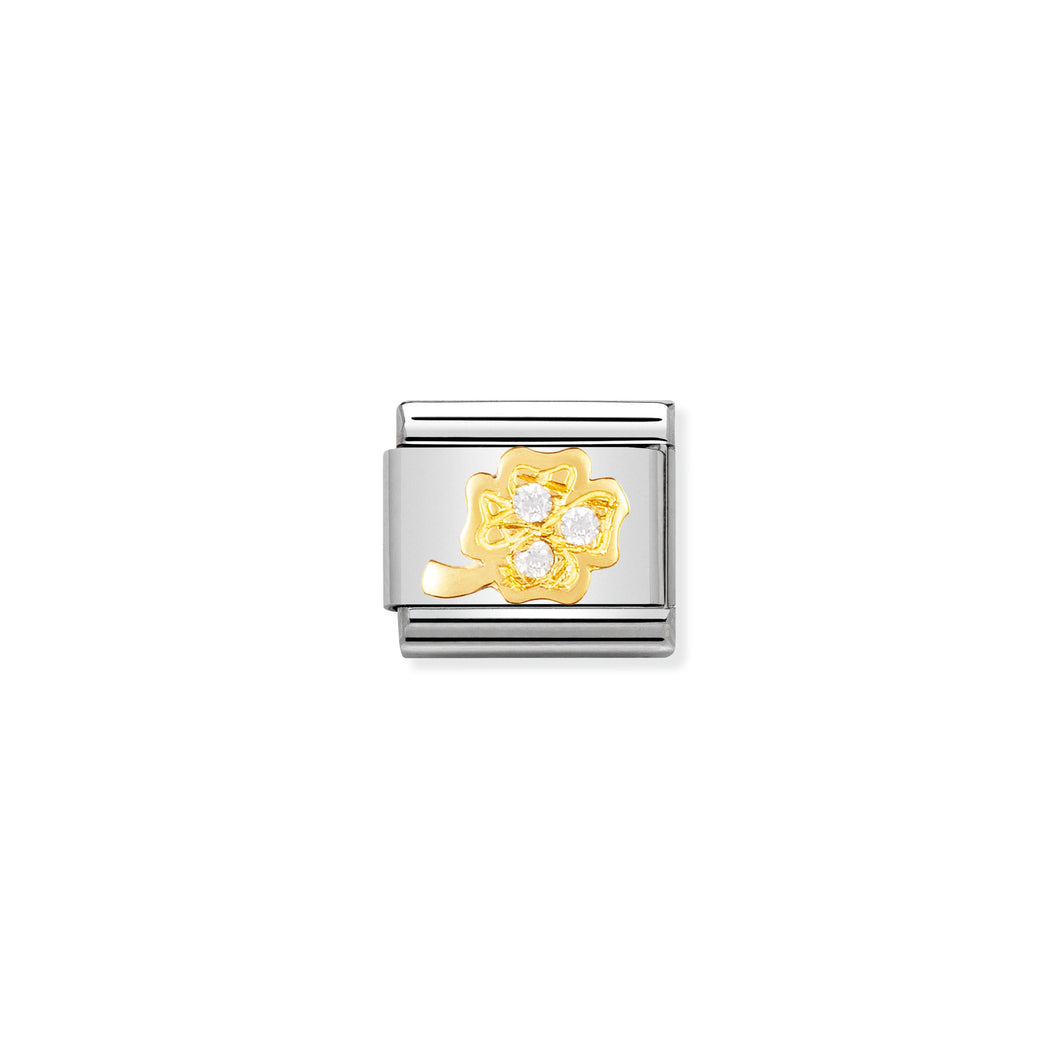 COMPOSABLE CLASSIC LINK 030310/18 WHITE FOUR LEAF CLOVER WITH CZ IN 18K GOLD